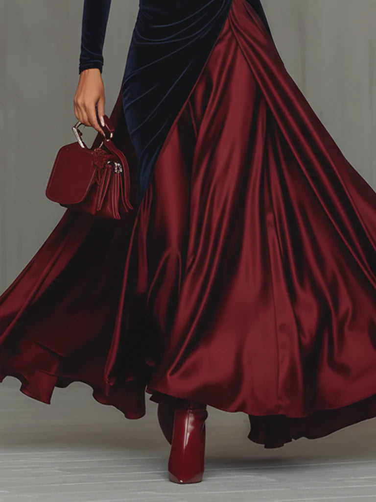 Beatriz | Elegante Vestido Largo Bicolor de Terciopelo y Satén con Falda fluida