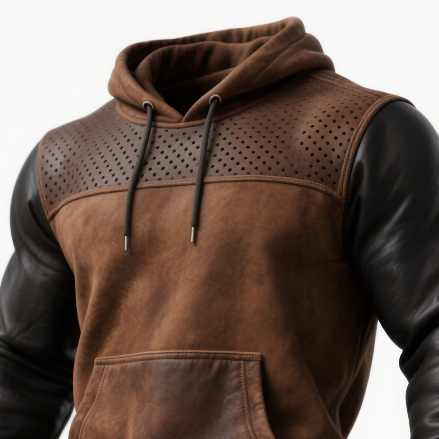 Adrián™ | Sudadera con Capucha de Piel Marrón con Detalles Perforados