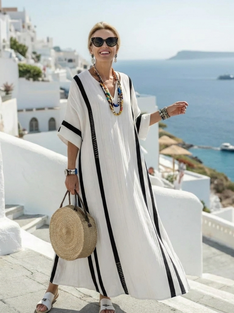 Elvienne | Vestido Maxi de Manga Corta con Rayas en Bloques de Color