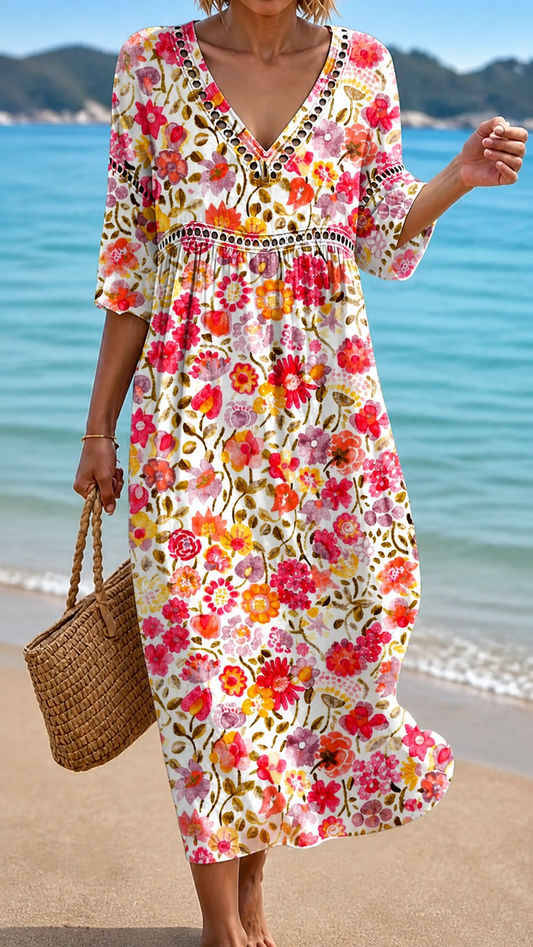 Luciana | Vestido midi de flores de girasol