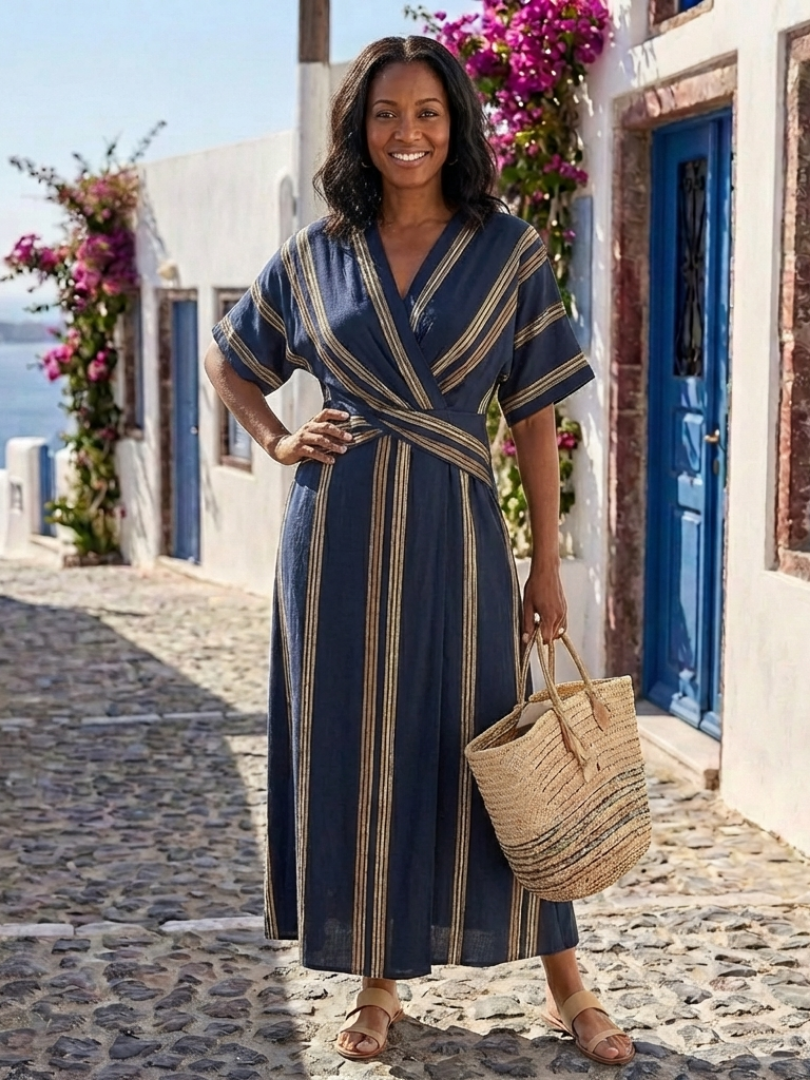 Saphira | Vestido midi envolvente de rayas con escote en V y mangas cortas