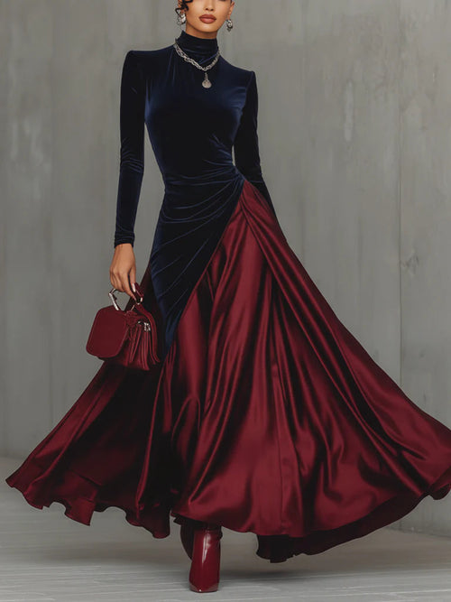 Beatriz | Elegante Vestido Largo Bicolor de Terciopelo y Satén con Falda fluida