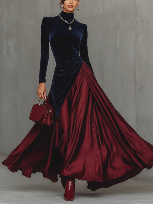 Beatriz | Elegante Vestido Largo Bicolor de Terciopelo y Satén con Falda fluida