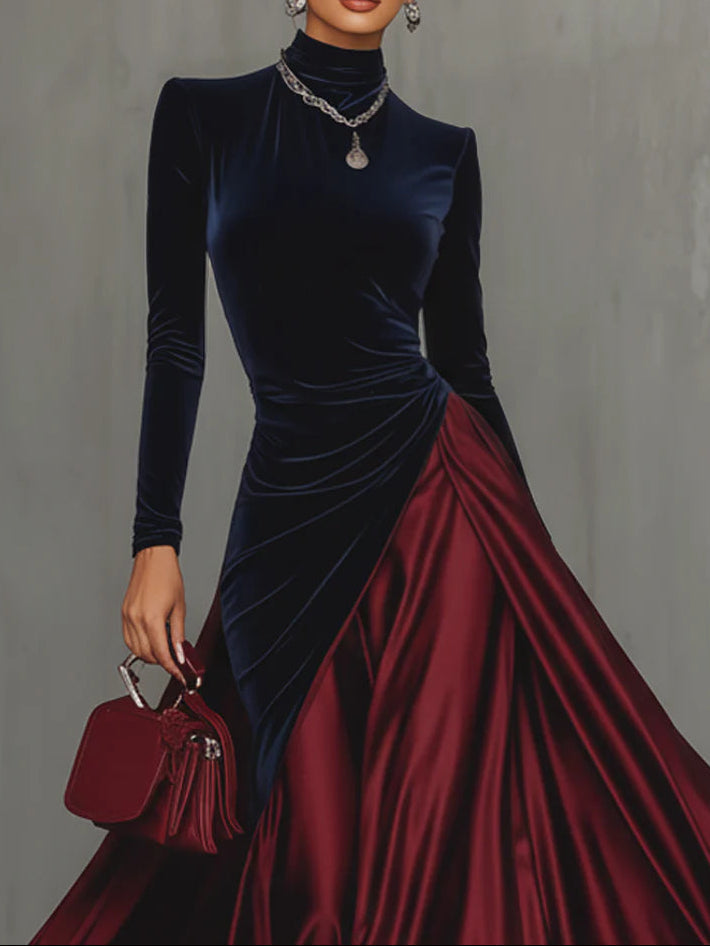Beatriz | Elegante Vestido Largo Bicolor de Terciopelo y Satén con Falda fluida