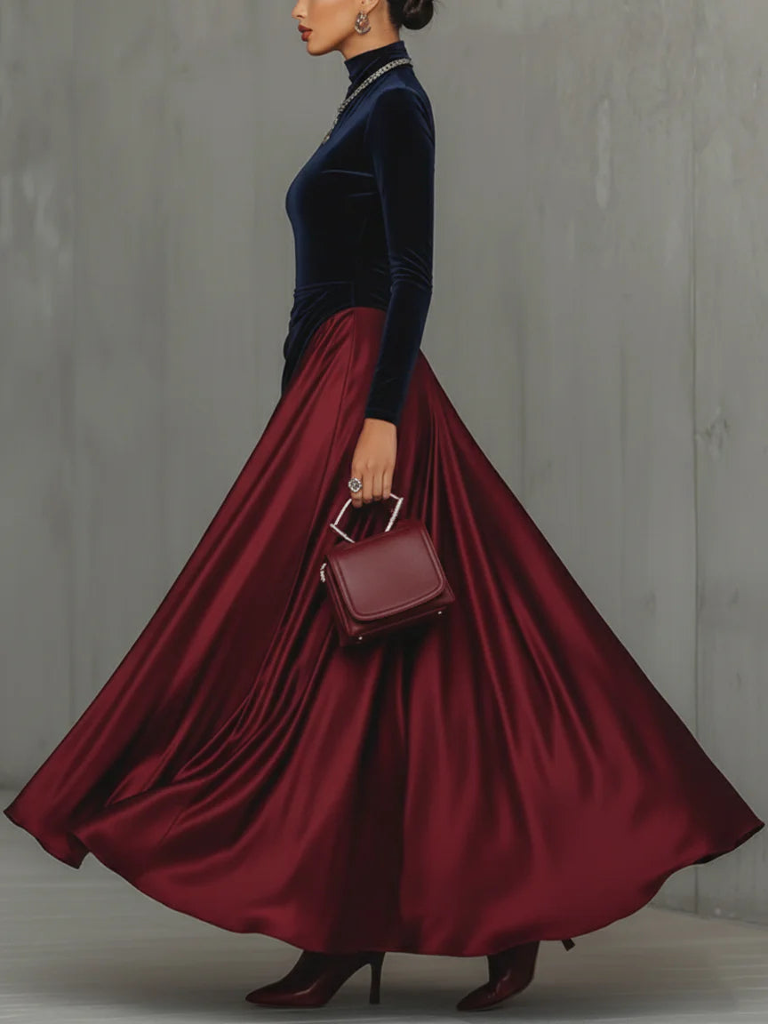 Beatriz | Elegante Vestido Largo Bicolor de Terciopelo y Satén con Falda fluida