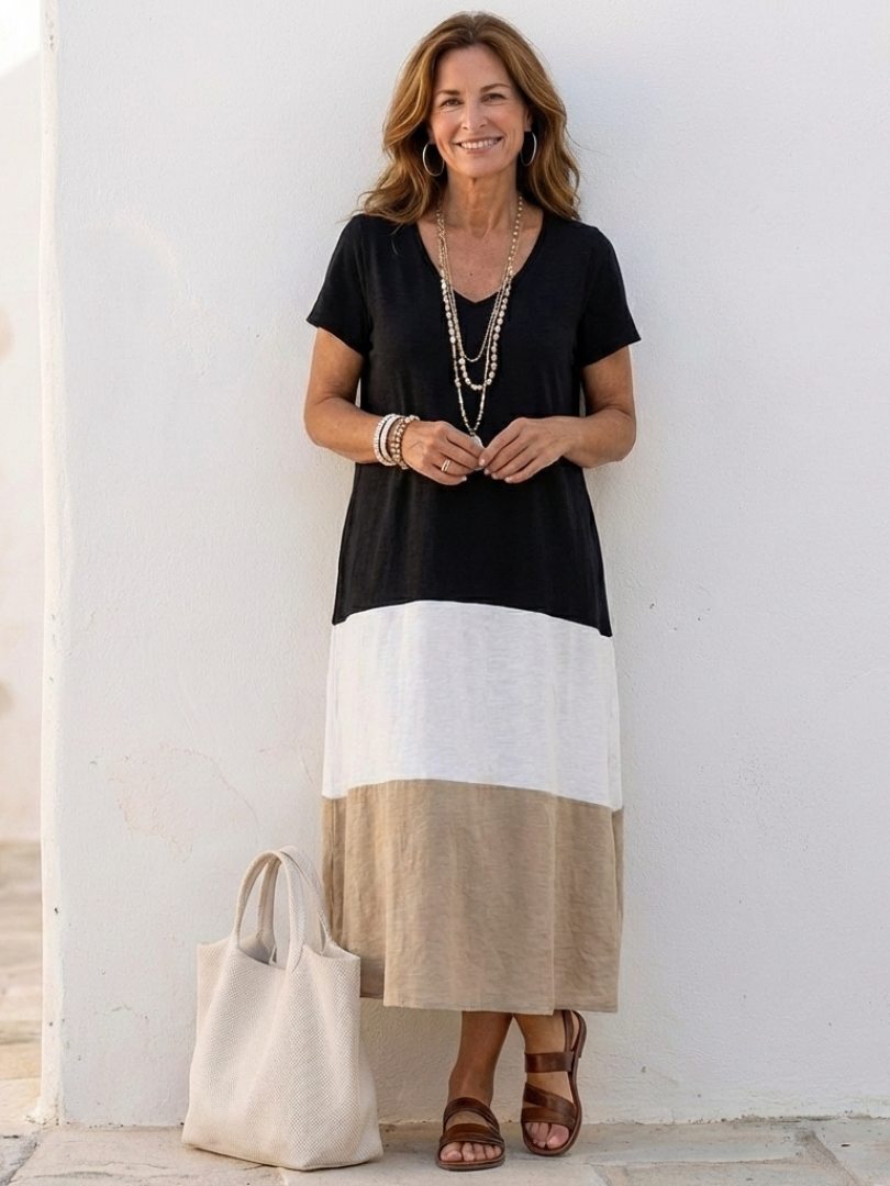 Thalia | Vestido midi de manga corta con color blocking y escote en V