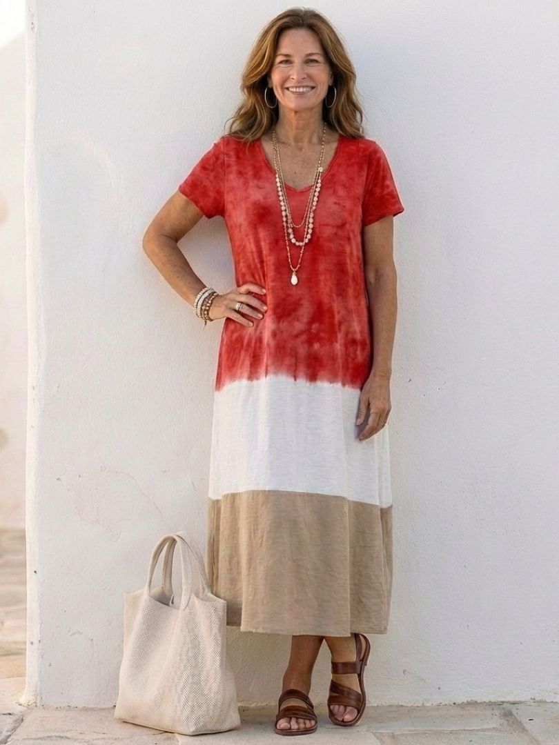 Thalia | Vestido midi de manga corta con color blocking y escote en V