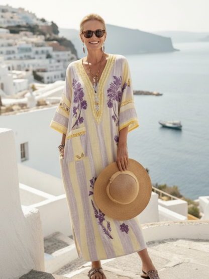 Aurelia | vestido maxi de rayas florales con escote en V y mangas tres cuartos