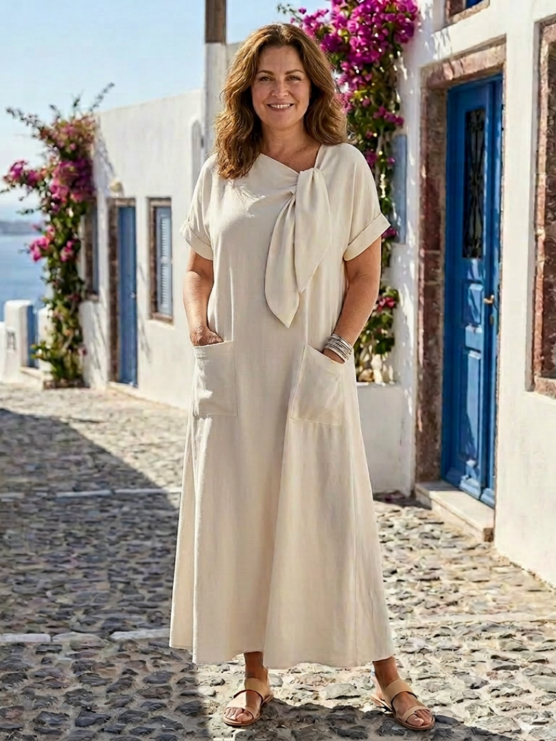 Elowyn | Vestido Maxi con Cuello Redondo y Manga Corta con Bolsillo