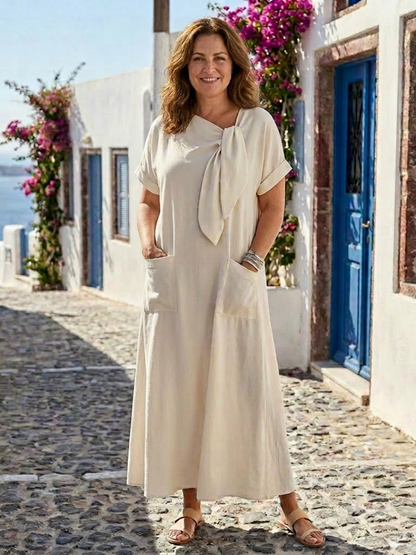 Elowyn | Vestido Maxi con Cuello Redondo y Manga Corta con Bolsillo