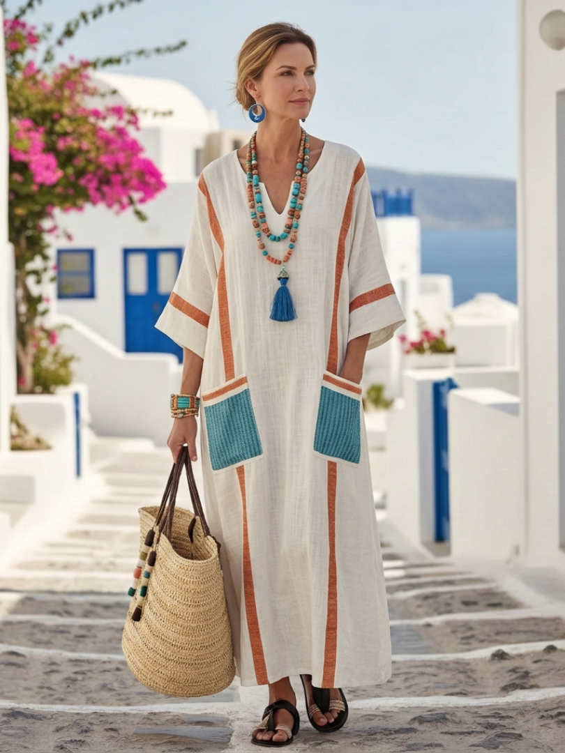 Noemi | Vestido Maxi con Escote en V y Mangas Cortas con Bolsillos