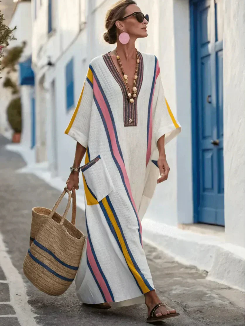 Noemi | Vestido Maxi con Escote en V y Mangas Cortas con Bolsillos