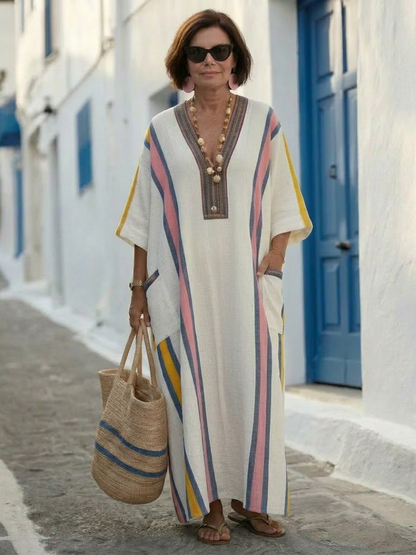 Noemi | Vestido Maxi con Escote en V y Mangas Cortas con Bolsillos
