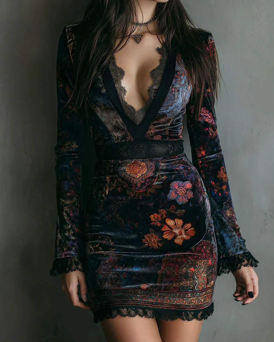 Keyla™ | Minivestido de Terciopelo con Estampado Floral