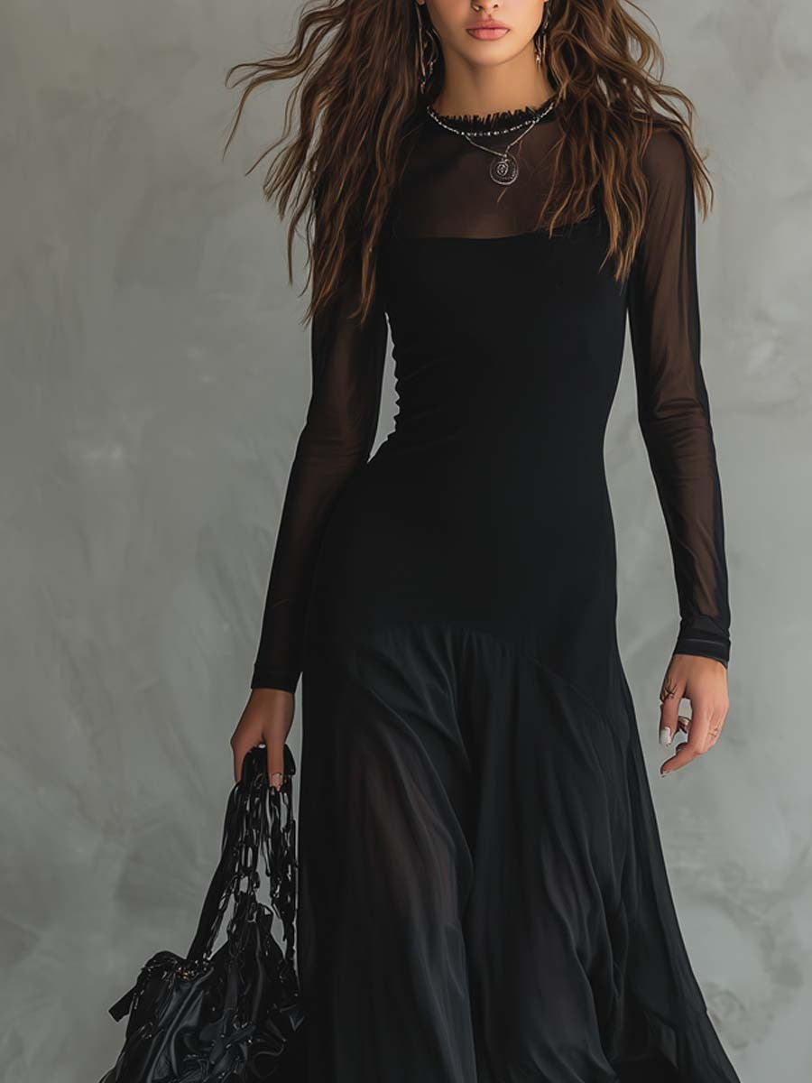 Luna™ | Vestido largo de tul negro con un encanto etéreo