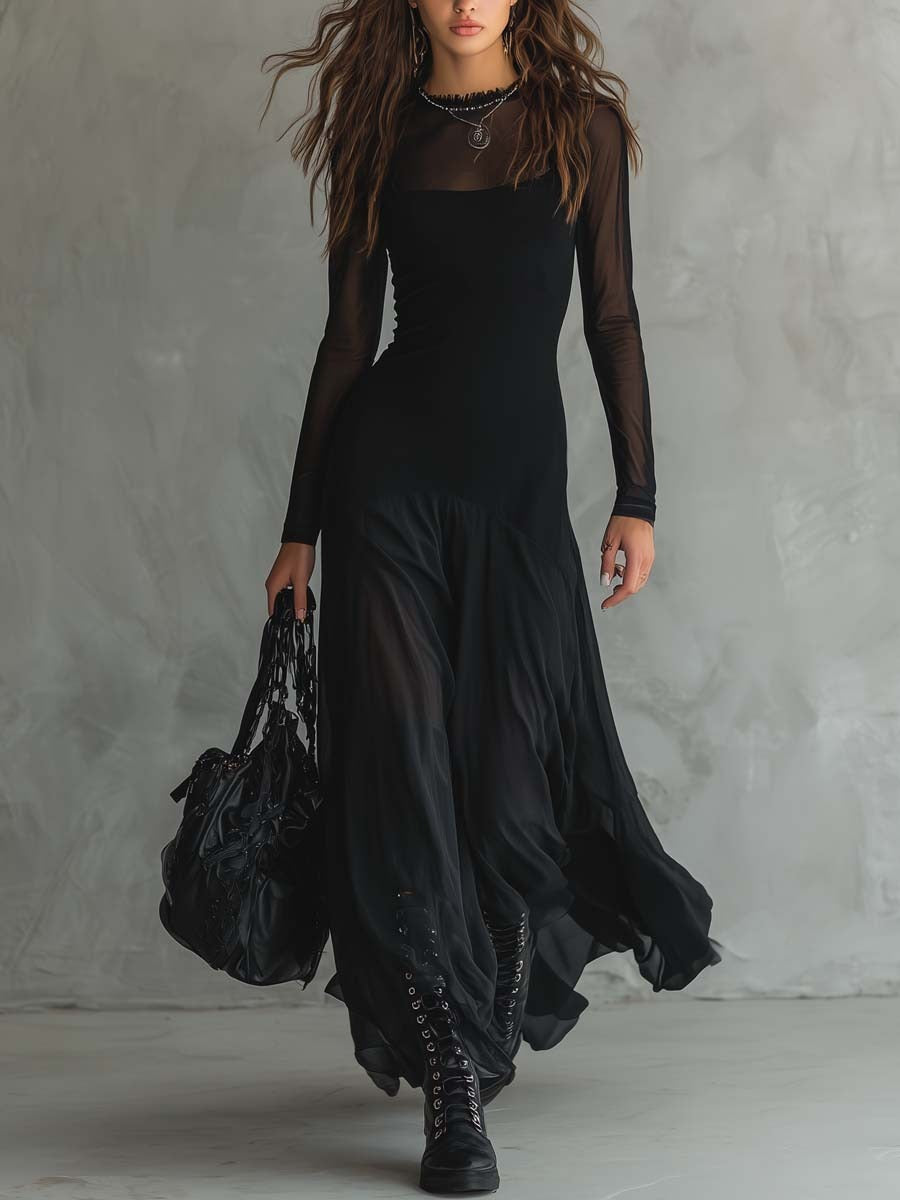Luna™ | Vestido largo de tul negro con un encanto etéreo