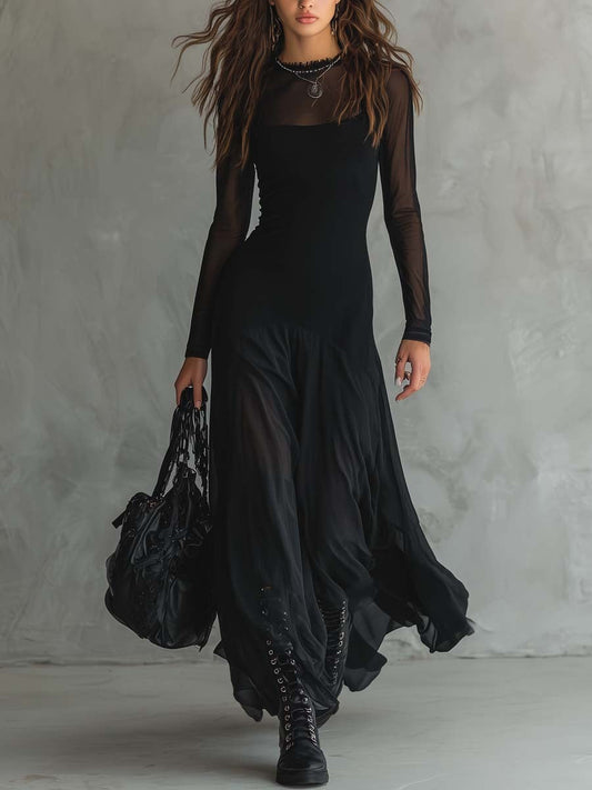 Luna™ | Vestido largo de tul negro con un encanto etéreo