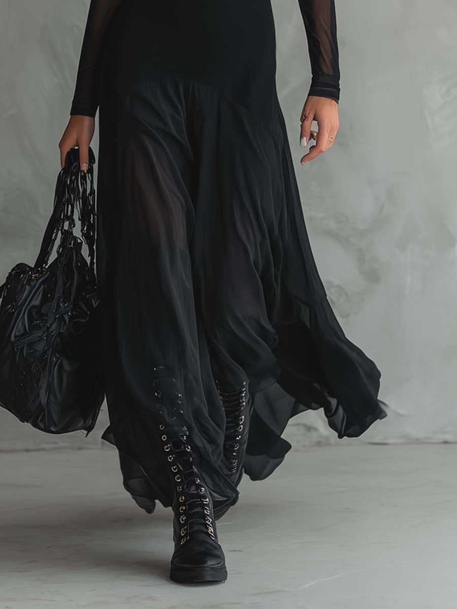 Luna™ | Vestido largo de tul negro con un encanto etéreo